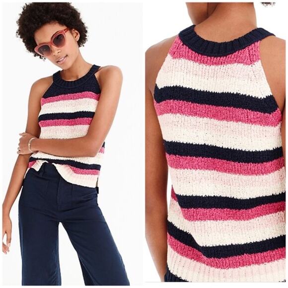 J Crew Chunky Knit Stripe Sleeveless Sweater Pink Blue XL Extra Large - Picture 1 of 8